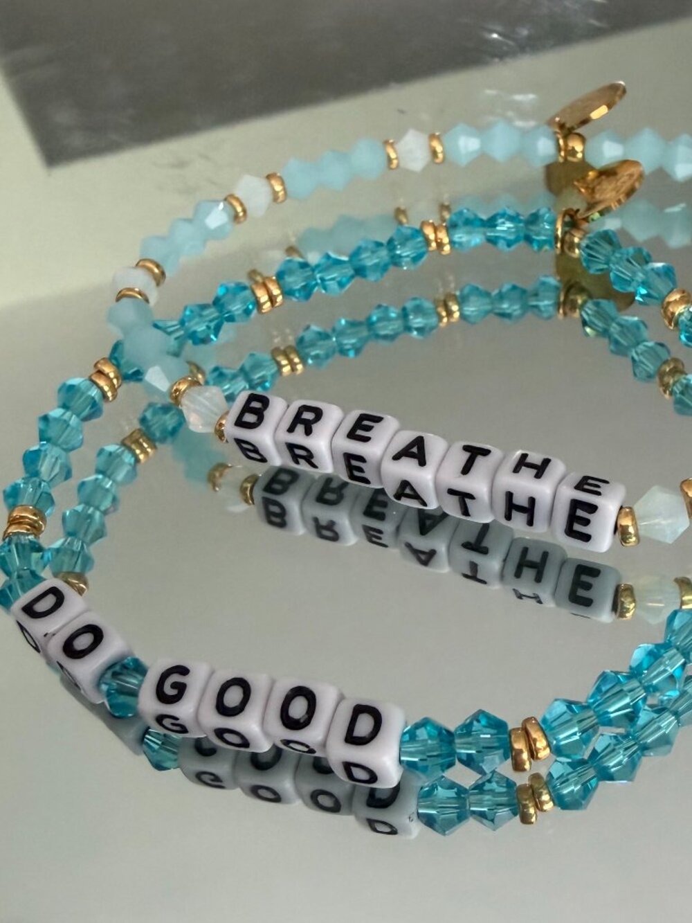New: Custom Blue Inspirational Crystal Word Bracelets: Do Good & Breathe